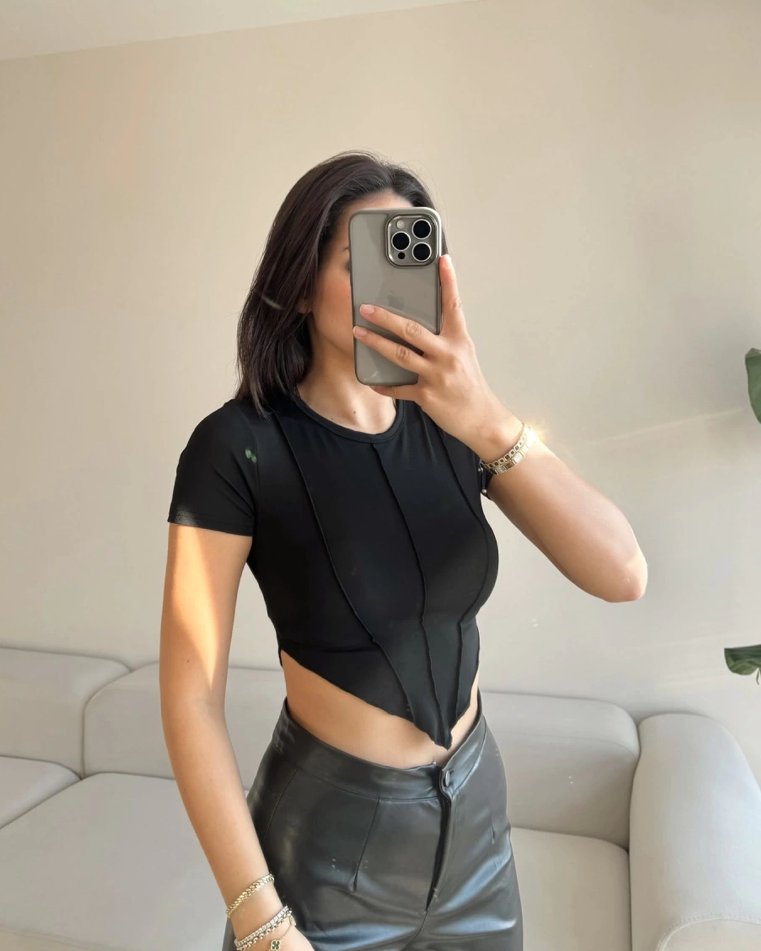 Asymmetrical Stitching Detailed Sandy Crop