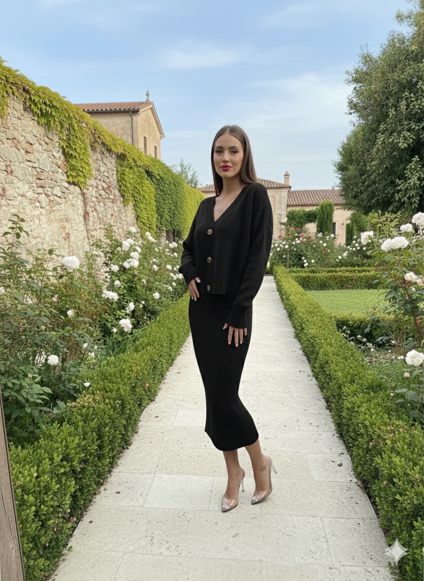 Black Buttoned Cardigan Skirt Set