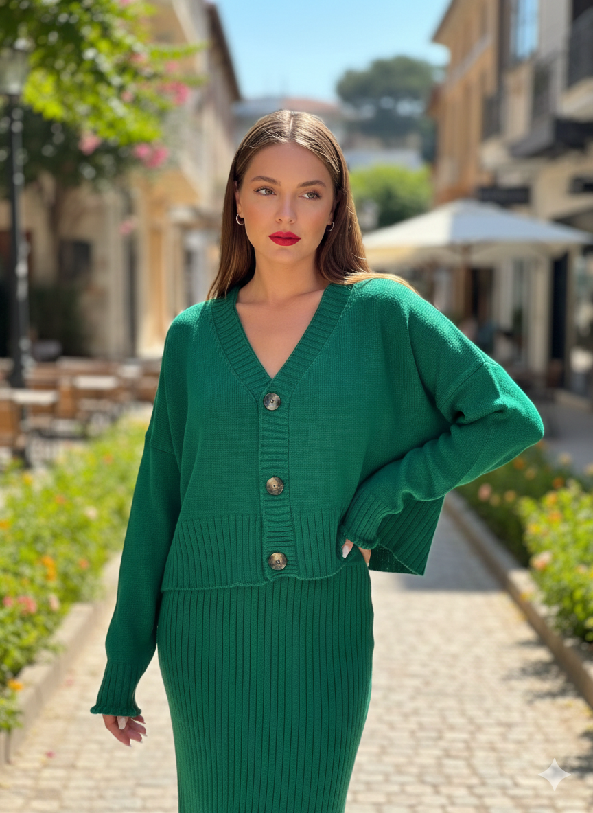 Green Buttoned Cardigan Skirt Set
