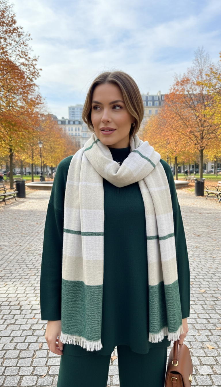 Dark Green Beige Scarf
