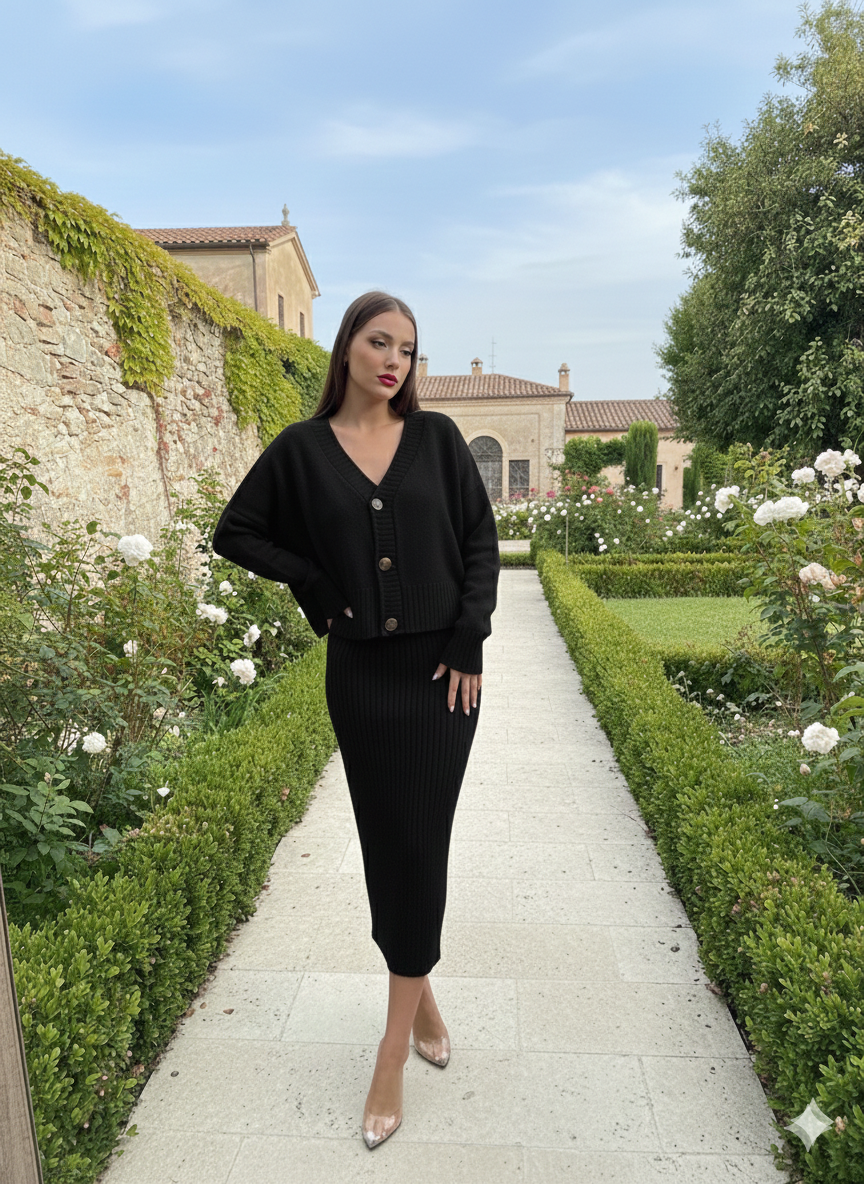 Black Buttoned Cardigan Skirt Set