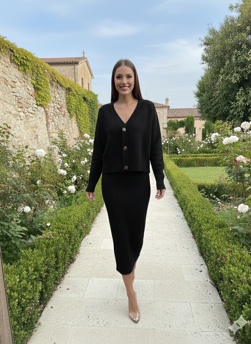 Black Buttoned Cardigan Skirt Set