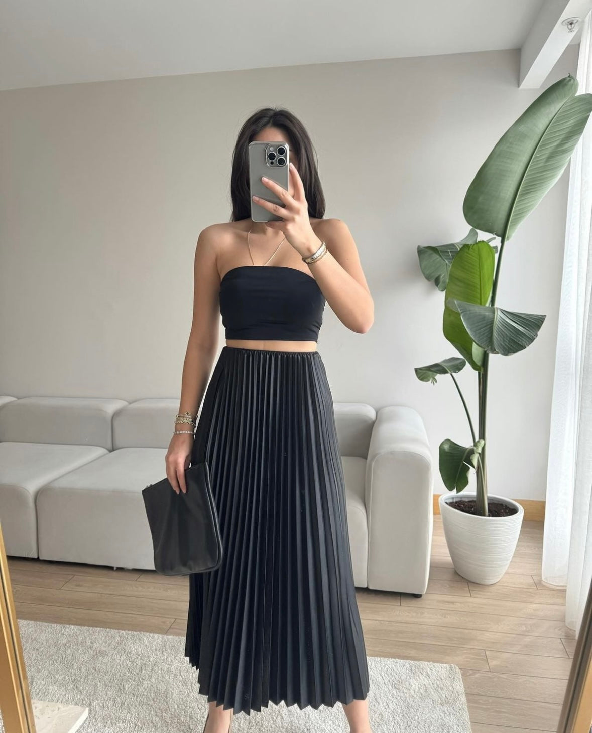 Black plissé long skirt