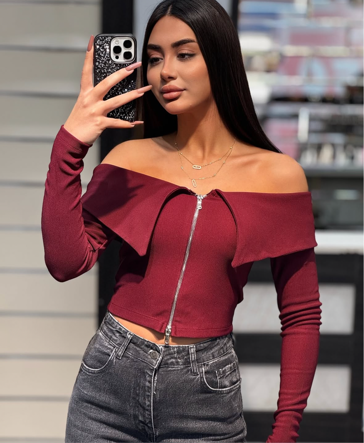 Burgundy Zipper Off Shoulder Top