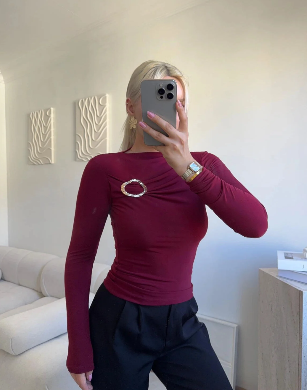 Burgundy Gold Brooch Top