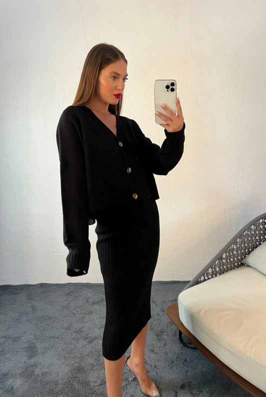 Black Buttoned Cardigan Skirt Set