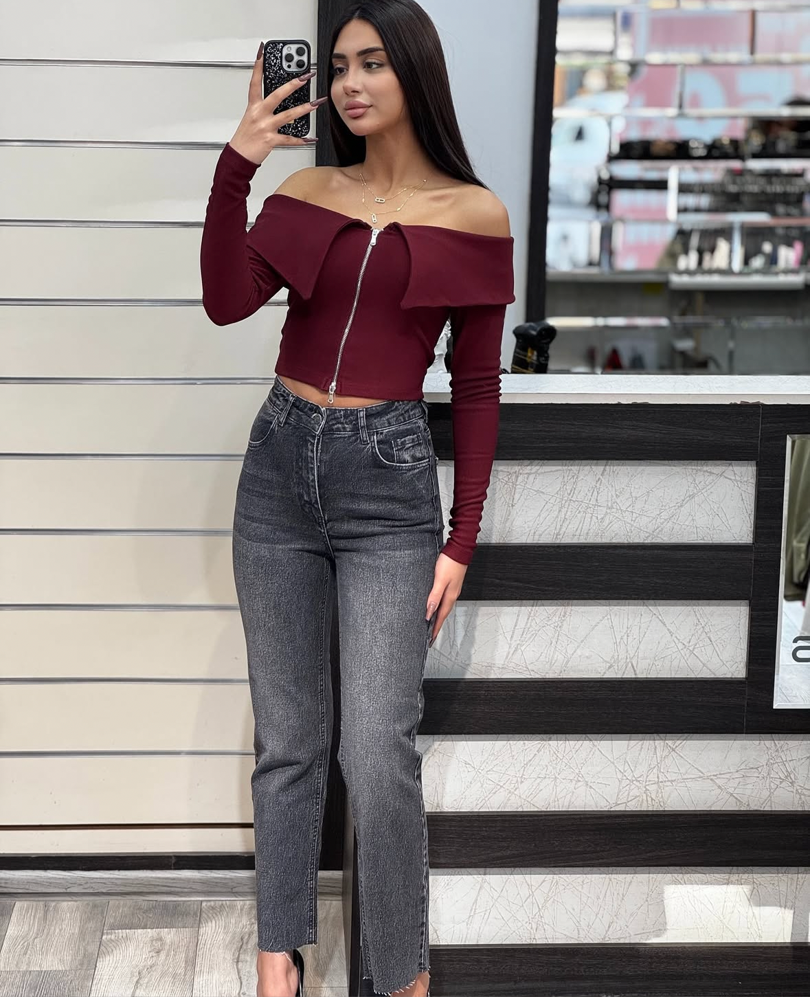 Burgundy Zipper Off Shoulder Top