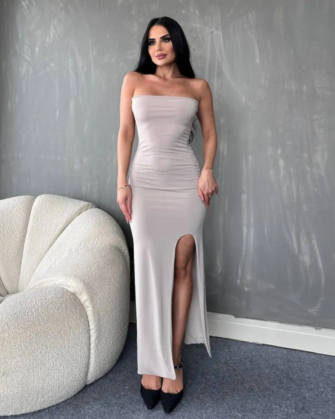 Strapless Slit Dress Beige