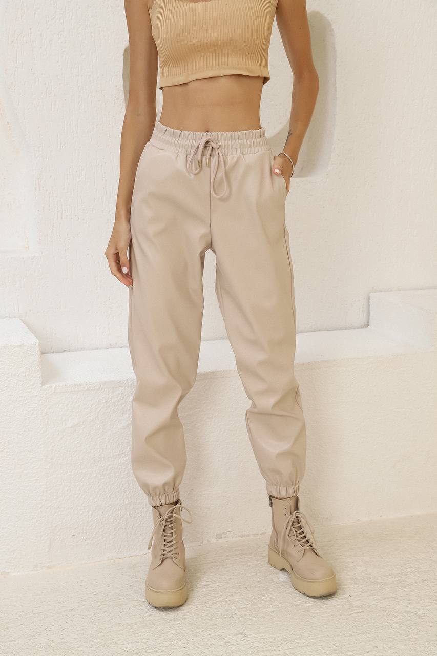 Beige Leather Sweatpants