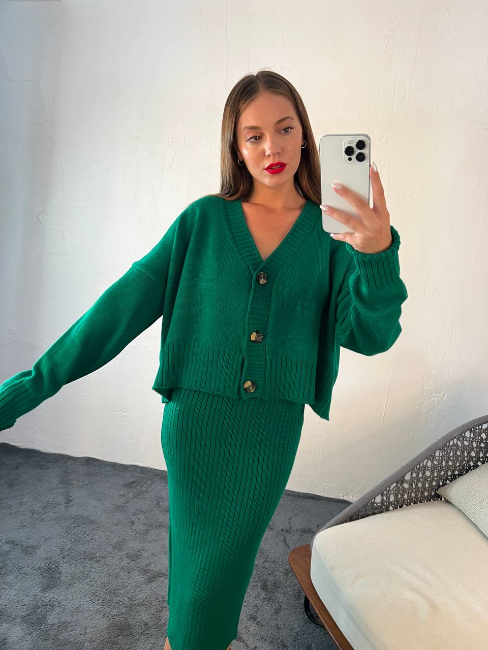 Green Buttoned Cardigan Skirt Set